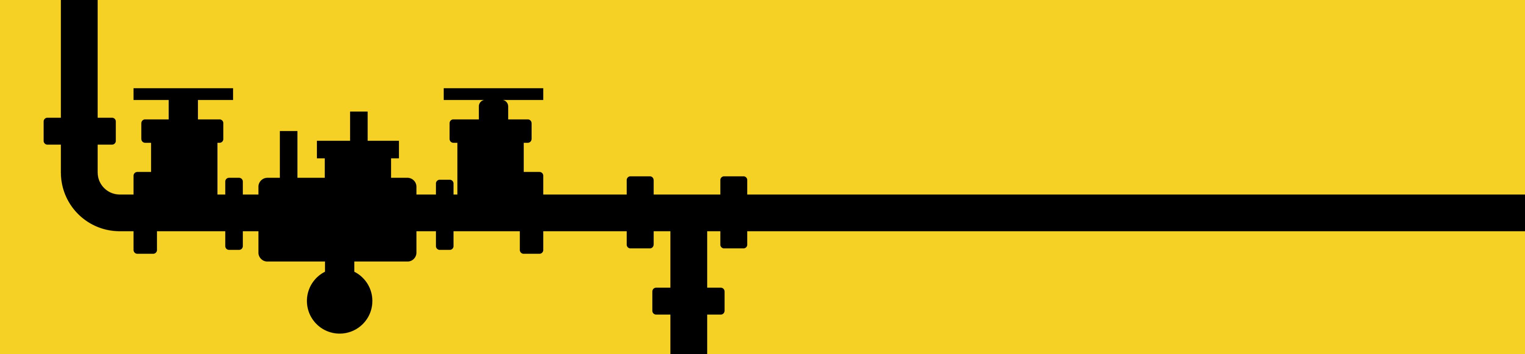 Black silhouette of a backflow device and piping against a bright yellow background