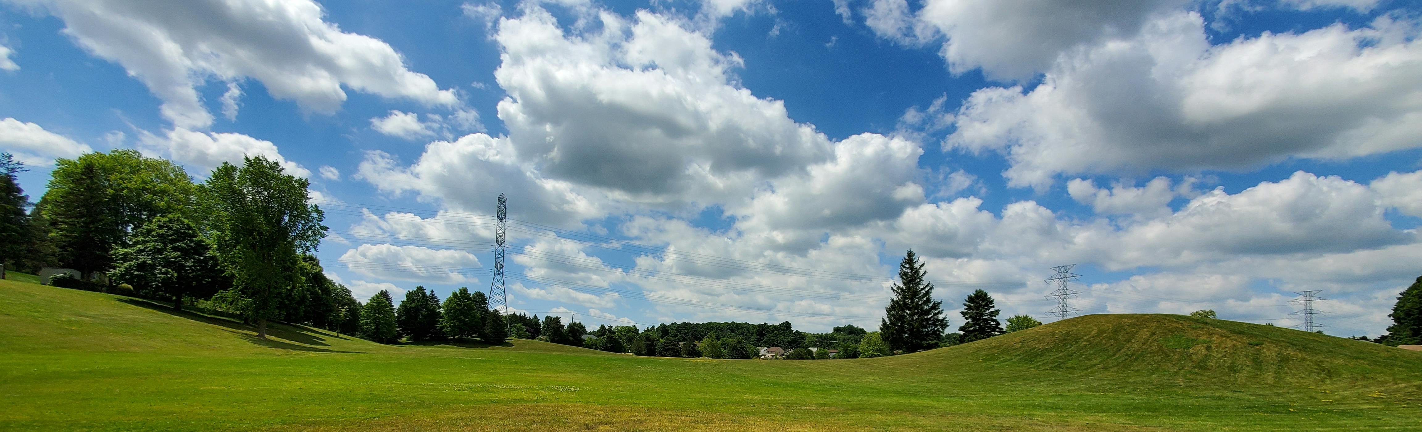 Field with hill and trees in the distance and blue sky with fluffy clouds overhead