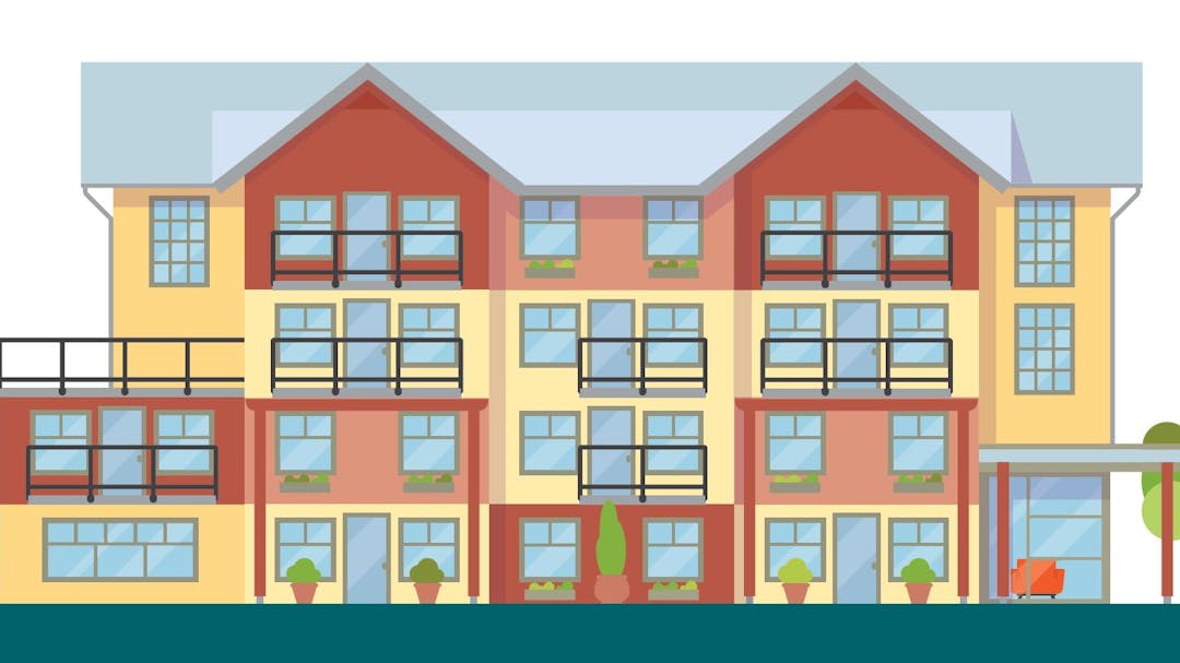 Illustration of a multi-unit dwelling, orange and yellow with windows and decks.