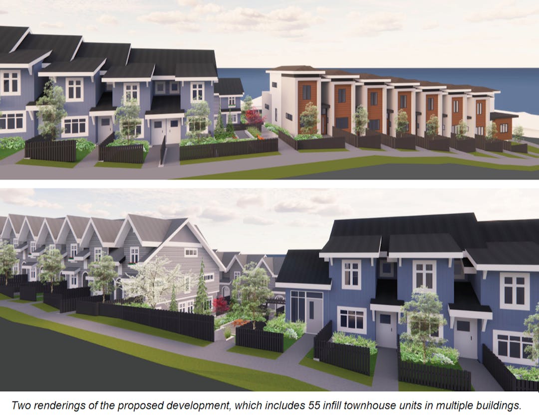 Two renderings of the proposed development, which includes 55 infill townhouse units in multiple buildings.