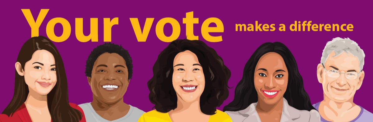 Five illustrated faces of different members of the community smiling below the words "your vote makes a difference"