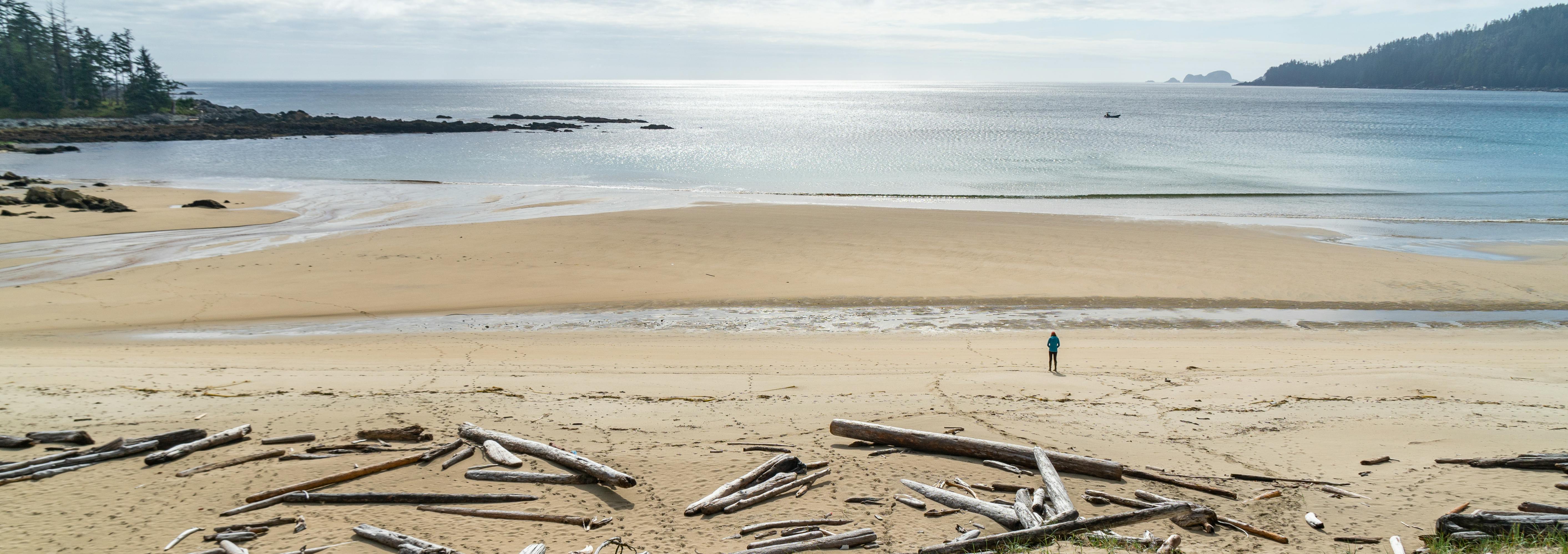 A visitor standing on the beach at Woodruff Bay in Gwaii Haanas National Park Reserve