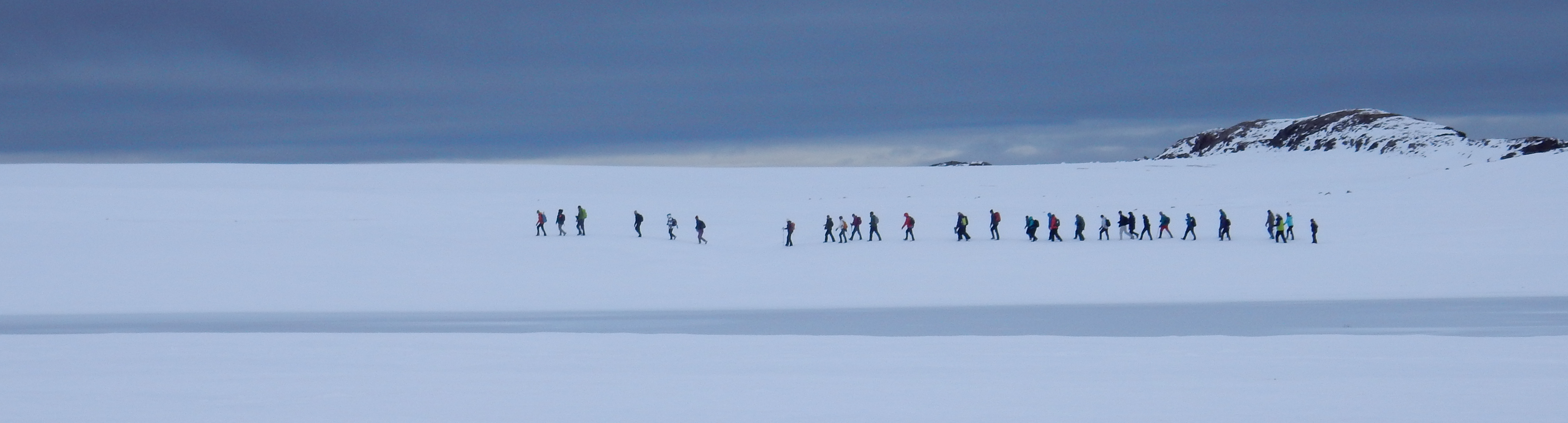 A group of twenty-eight visitors traverse sea ice at Tay Bay in Tallurutiup Imanga National Marine Conservation Area