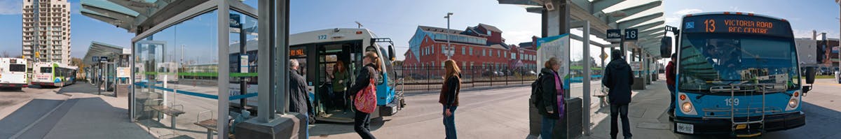 Bus stopped at downtown terminal