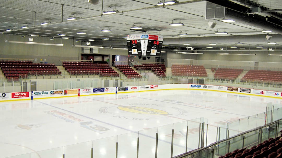 Don Lough Ice Rink showing ice surface and arena seating
