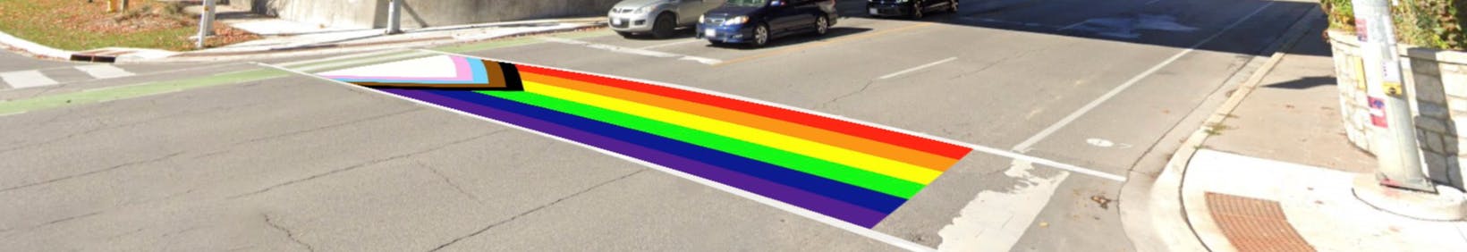 rendering of the rainbow crosswalk comprised of the progress pride flag across Norfolk at Wilson and Waterloo Ave