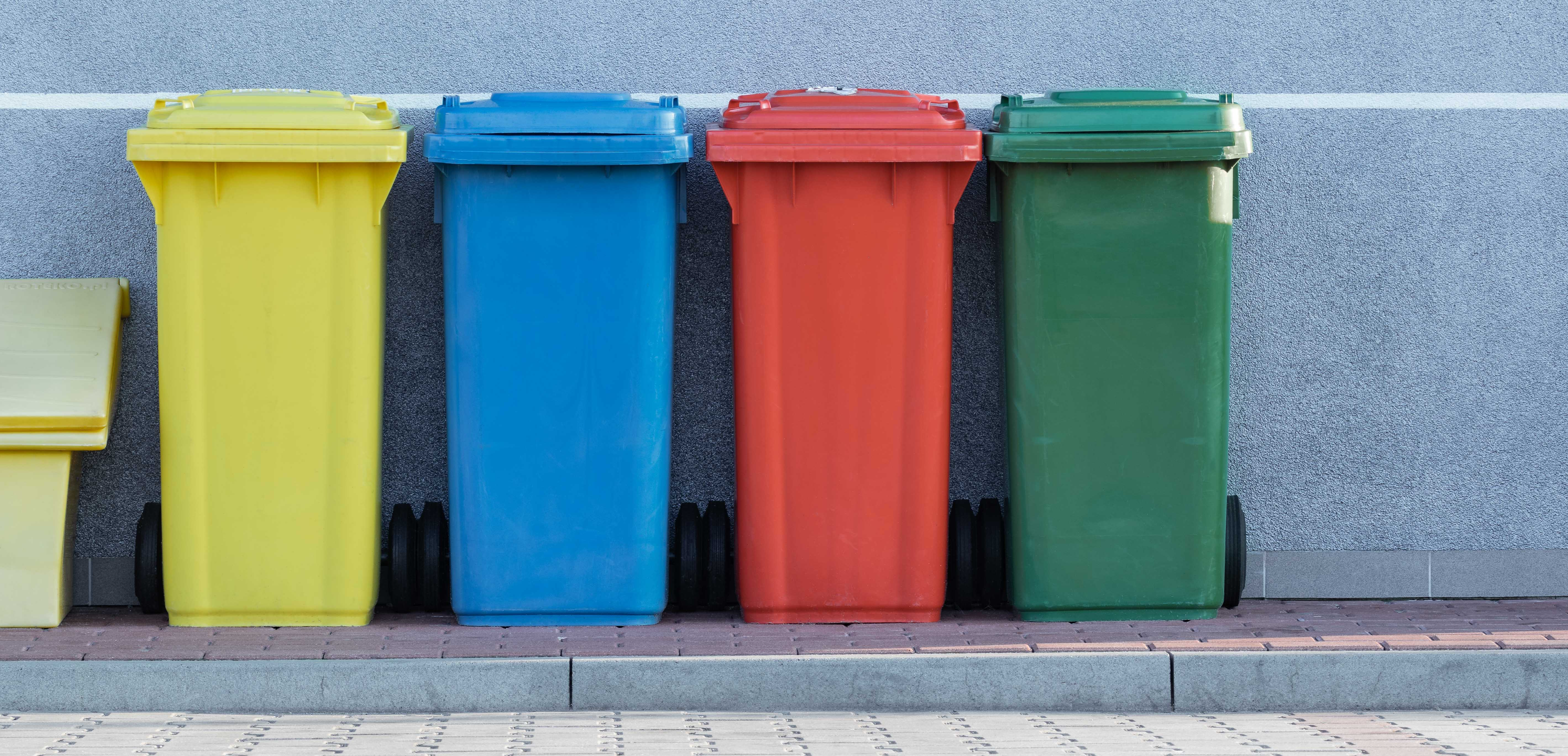 Poubelles de différentes couleurs alignées sur un trottoir