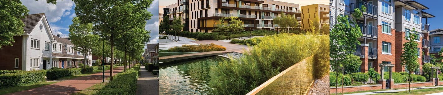 Examples of multi-residential development: row houses, apartments, and stormwater pond as design feature