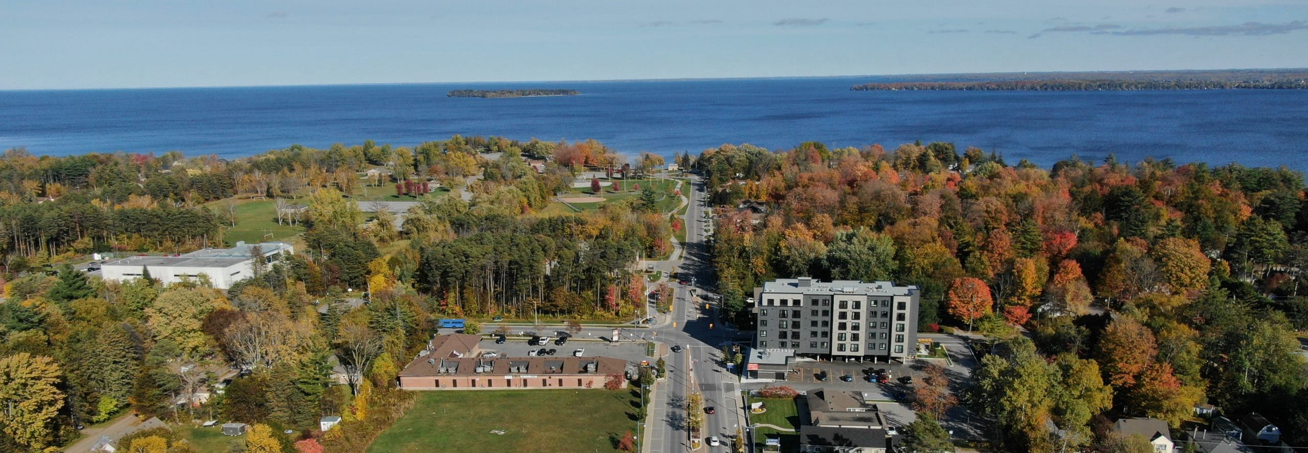 Aerial view of Innisfil Beach Road near water