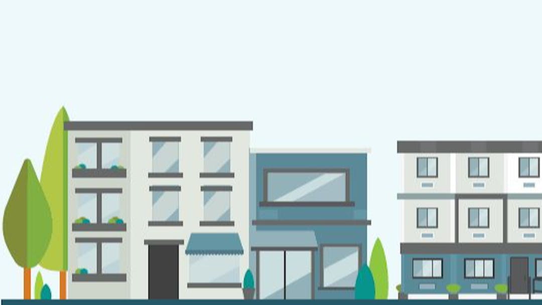 Illustration of apartment building and shop front