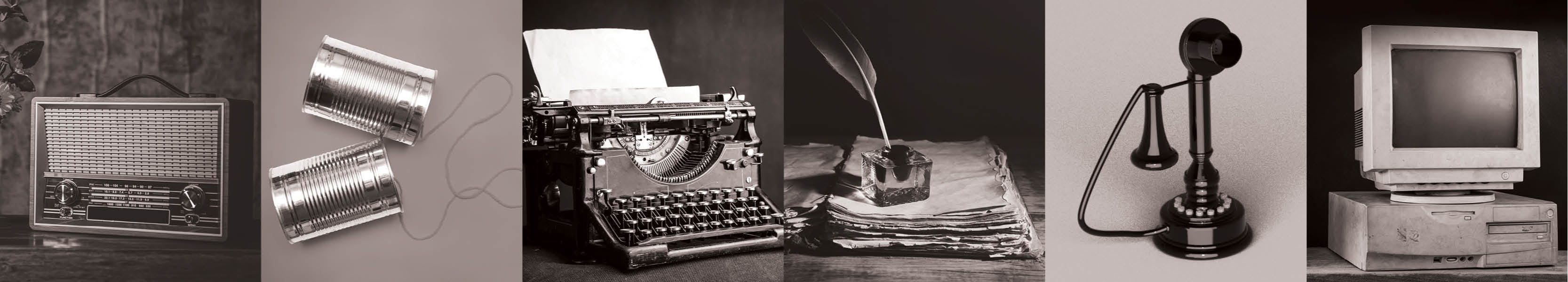 Black and white photos of an antique radio, tin can telephone, typewriter, ink and quill, antique telephone and old computer