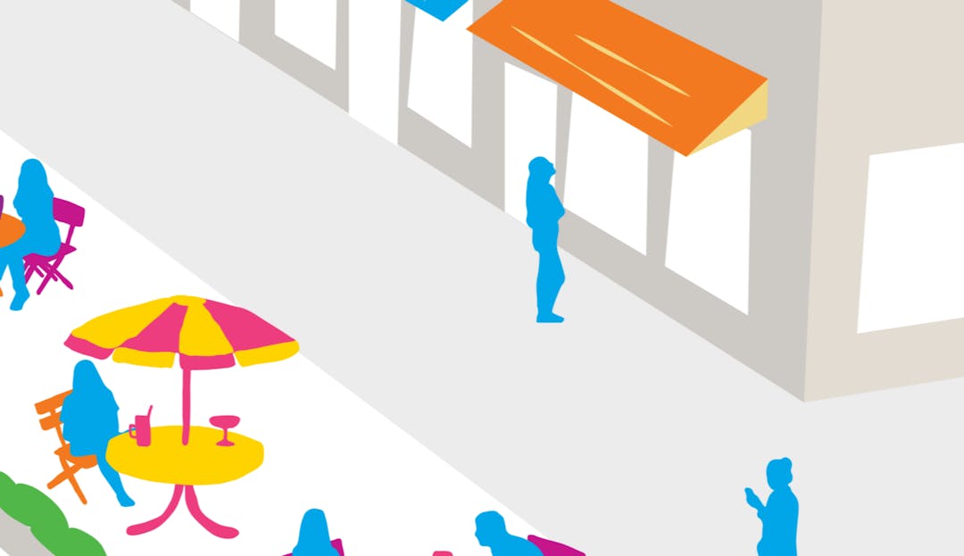 Graphic of people on a local street. with a neighbourhood plaza, public open space, street furnishings and restaurant patio.