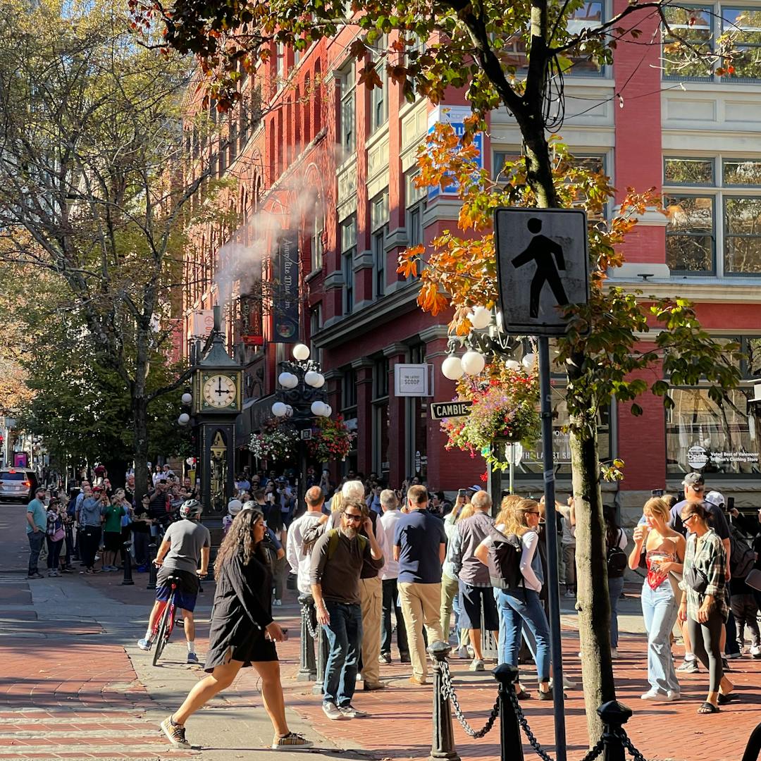 Intersection of Water Street and Cambie street with Gastown steamclock in background