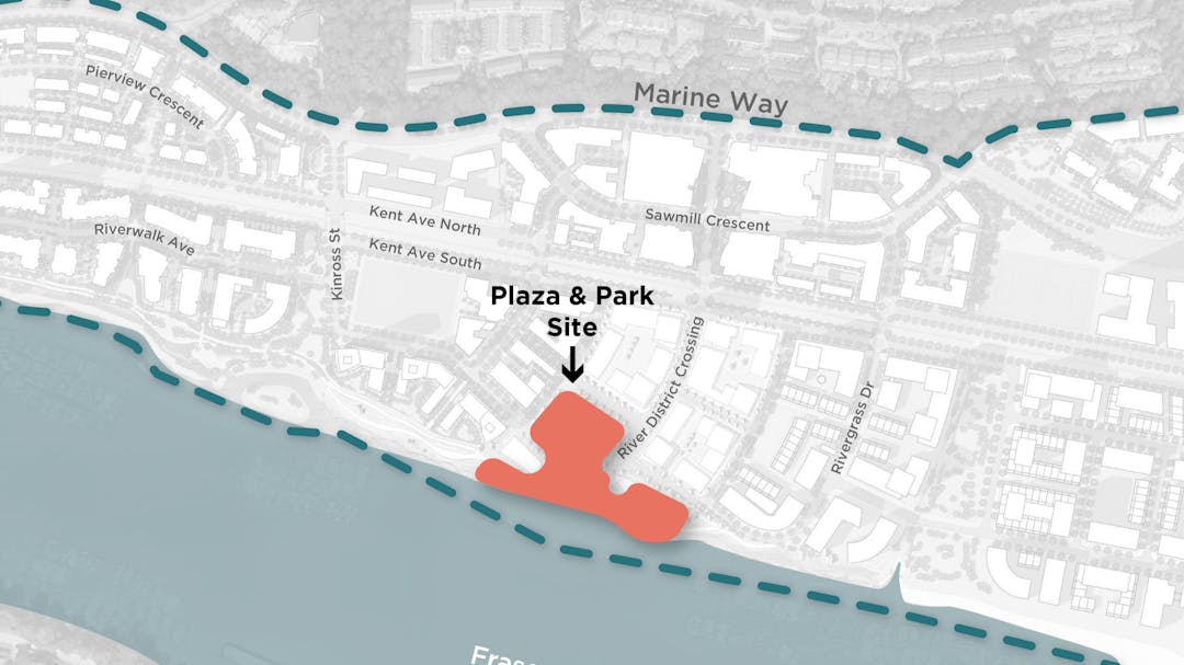 Neighbourhood map showing East Fraser Lands (EFL) boundary in blue and the new Plaza and Park site in an orange shape