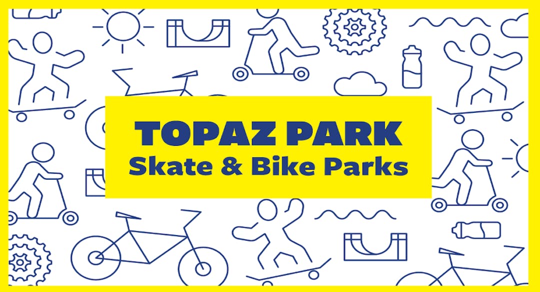 Illustrations of skate and bike icons with the project title in the centre, which reads Topaz Park Skate & Bike Parks.