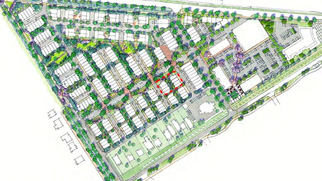 Map of Queensborough Eastern Neighbourhood Node, with lines around 310 Blackley Street to show location of proposed rezoning