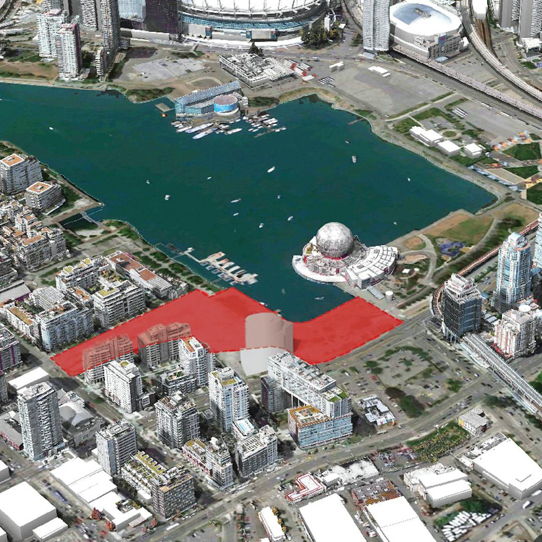 Aerial view of False Creek with project area highlighted in red