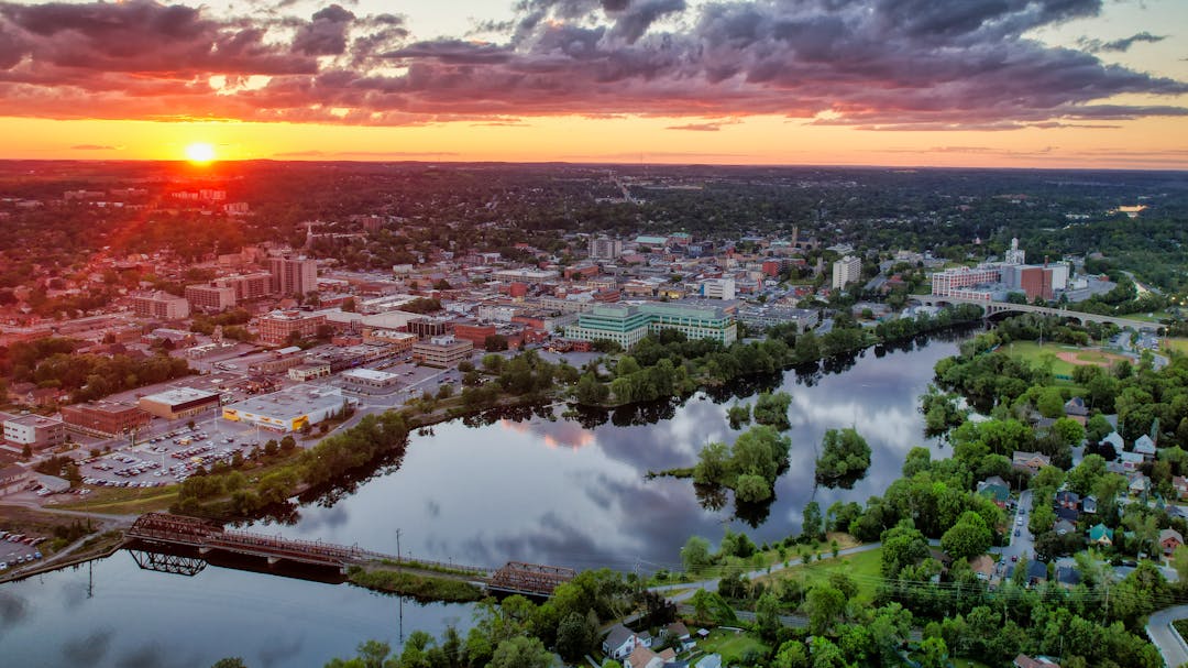 Aerial image of downtown next to river