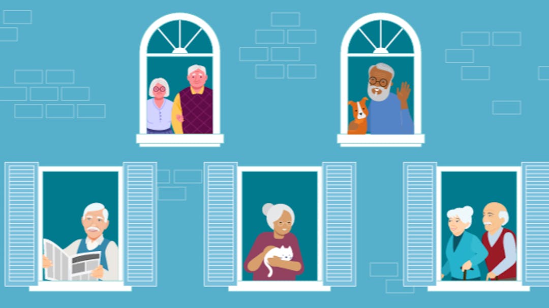 Illustration of senior residents smiling and waving through the windows of a residential building.