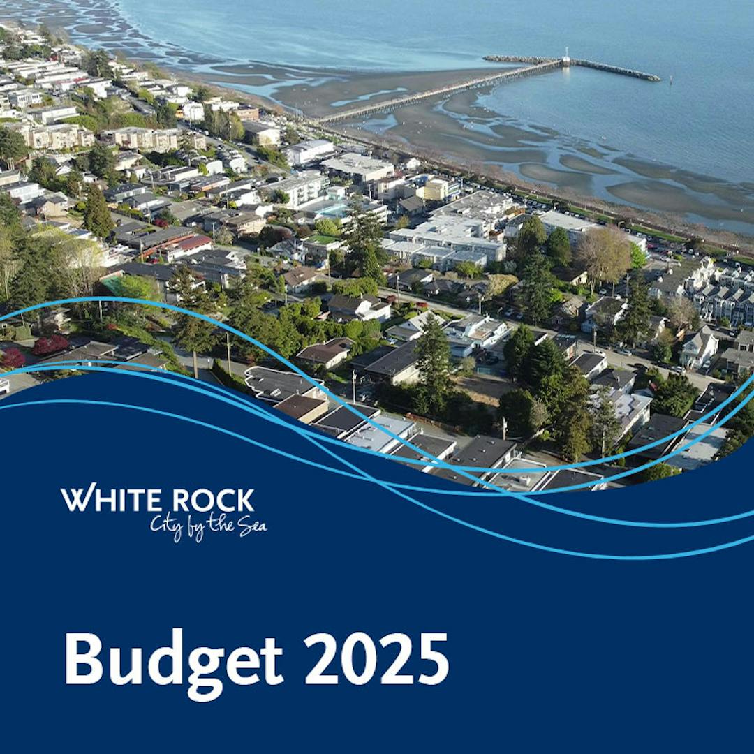 Budget 2025, aerial view of White Rock, city houses and beach with Pier