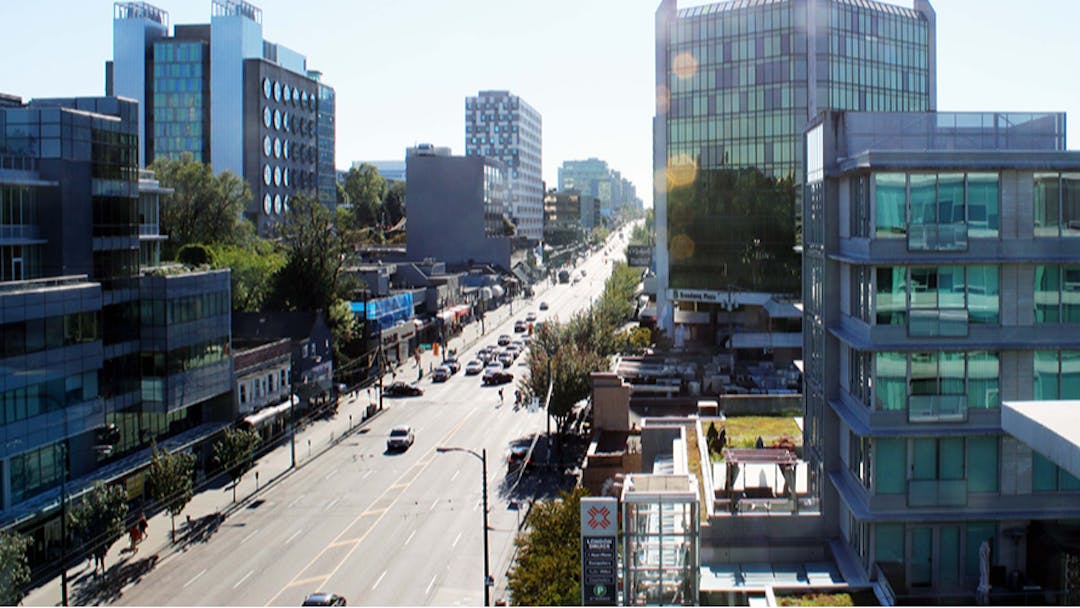 Elevated view looking west along Broadway.