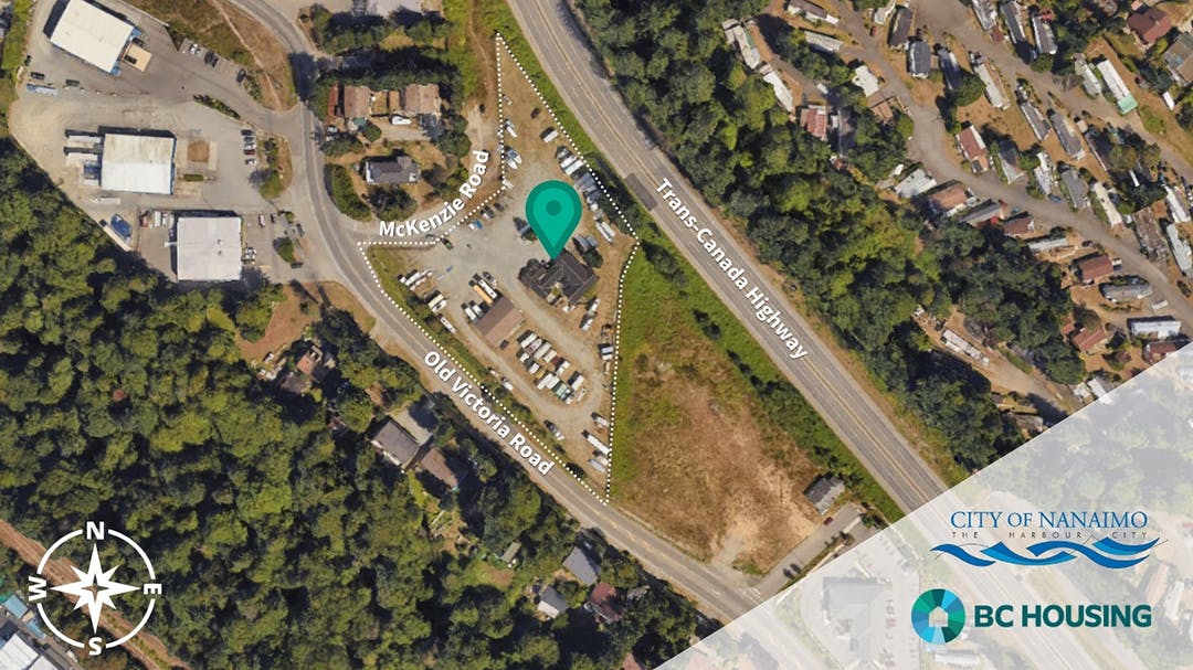 Satellite map image of the site just off the Trans-Canada highway at 1030 Old Victoria Road, Nanaimo