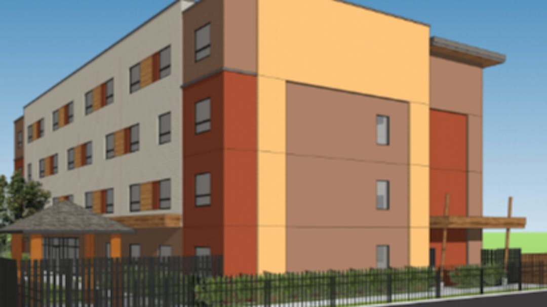 rendering of a modern housing development featuring multi-story building with large windows and balconie