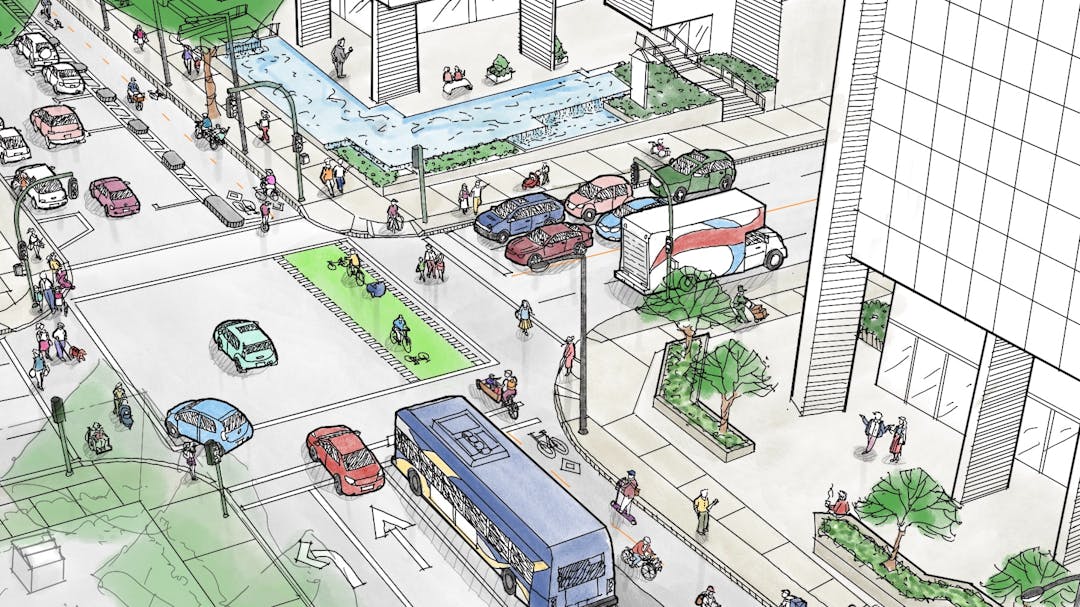 An illustration showing a protected bike lane with people riding bikes and micro-mobility, pedestrians, cars and a bus.