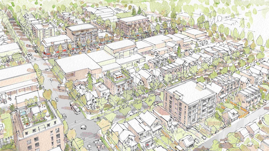 Illustration of various types of housing including apartment/condominiums, single detached homes and townhouses.