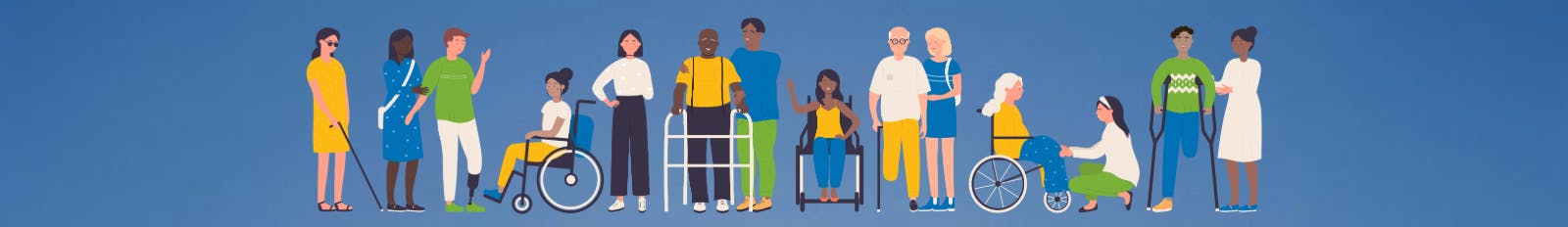 Digital illustration of diverse group of people with both visible and non-visible disabilities