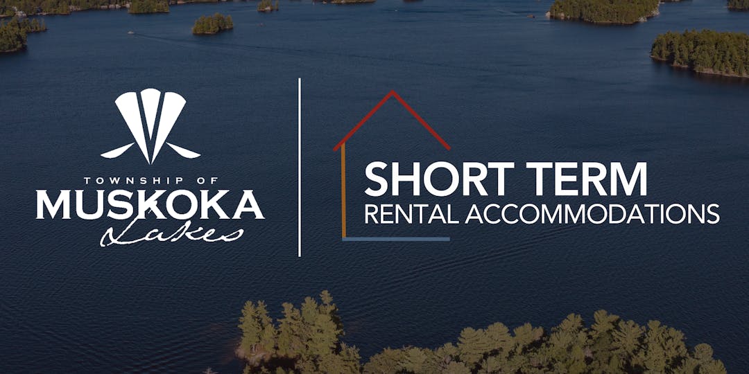 Aerial image of the lake and islands, with two logos including Township of Muskoka Lakes and Short Term Rental Accommodations