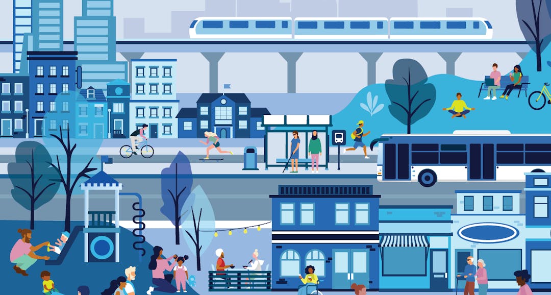 An illustration of a city neighbourhood showing residents outdoors, a bus and an elevated train in the background.