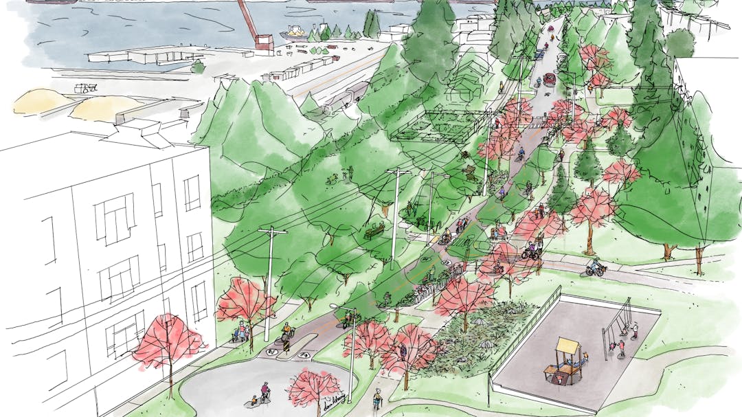 Photo of the proposed Portside Greenway car-free space on Wall Street between Cambridge and Oxford Street. 