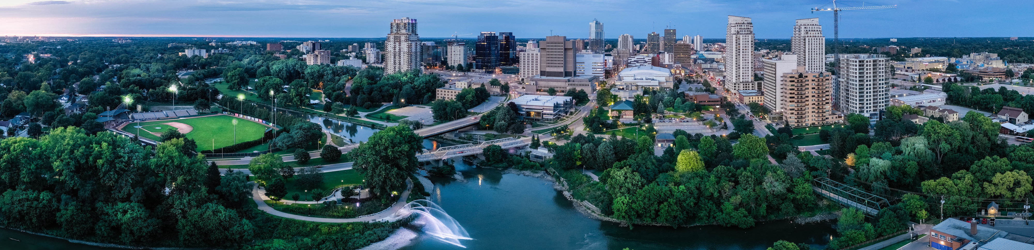 Skyline image of London over the Forks of the Thames River