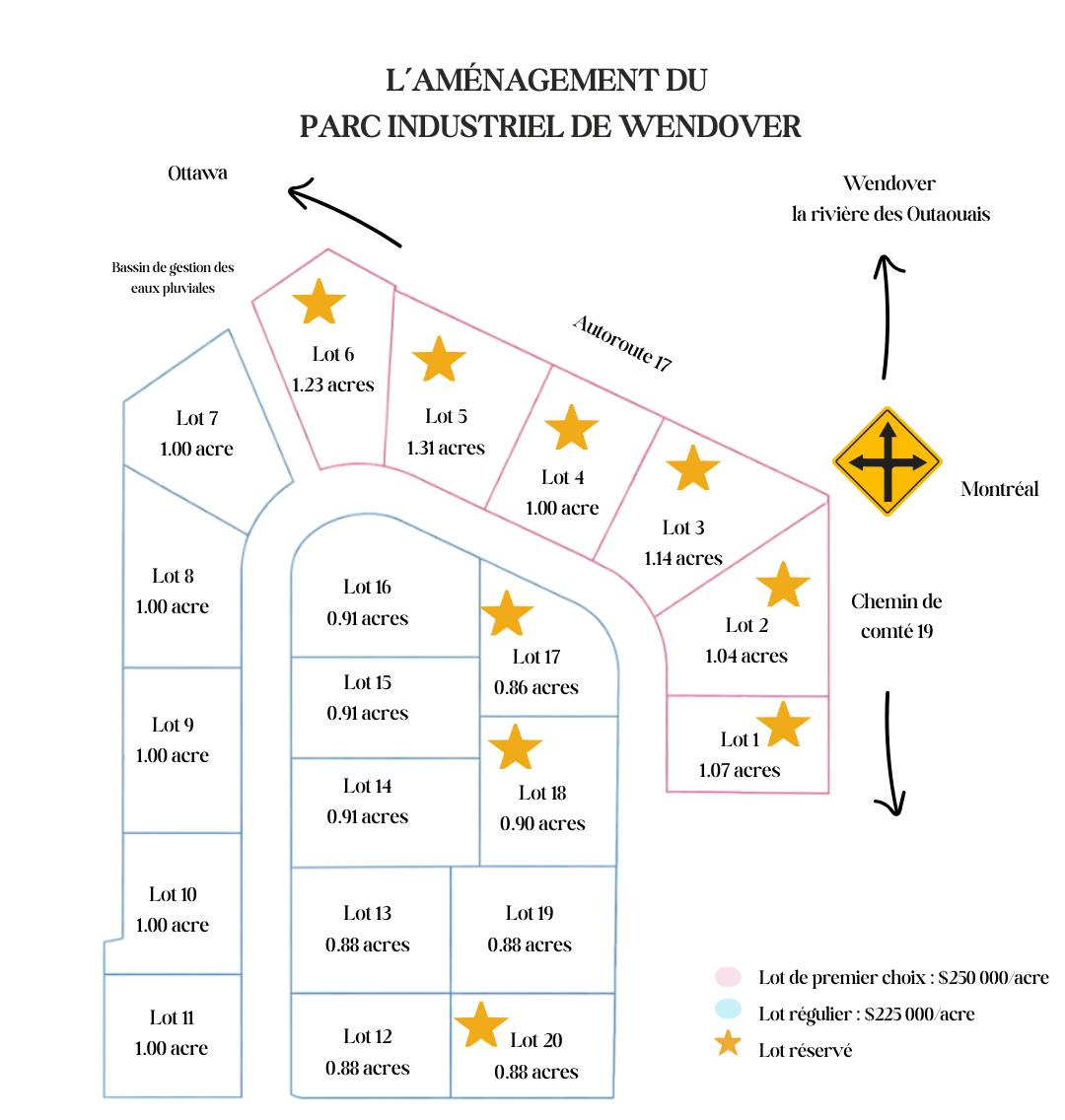Plan de site du parc industriel avec les 20 lots, leurs dimensions et les routes. 