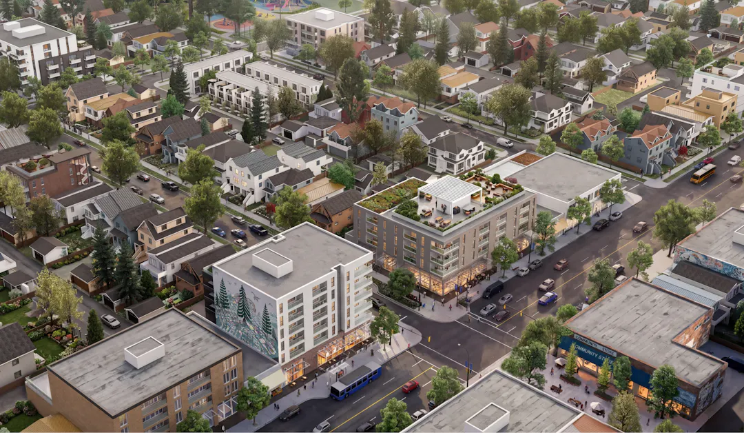 Illustration of various types of housing including apartment/condominiums, single detached homes and townhouses.