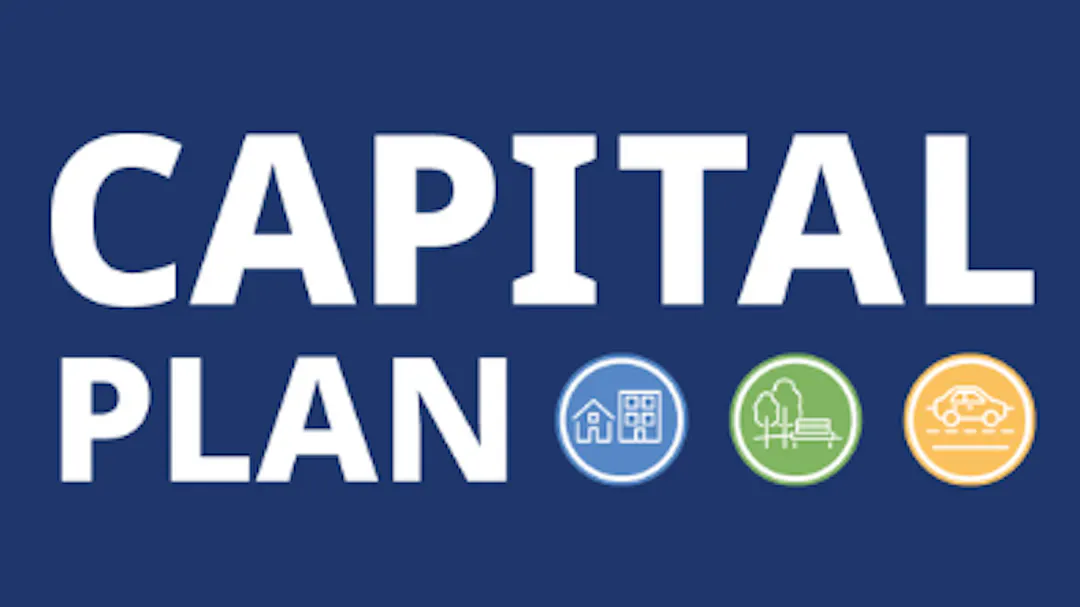 The words Capital Plan on a dark blue background with three icons for housing, parks & open spaces, transportation & streets.