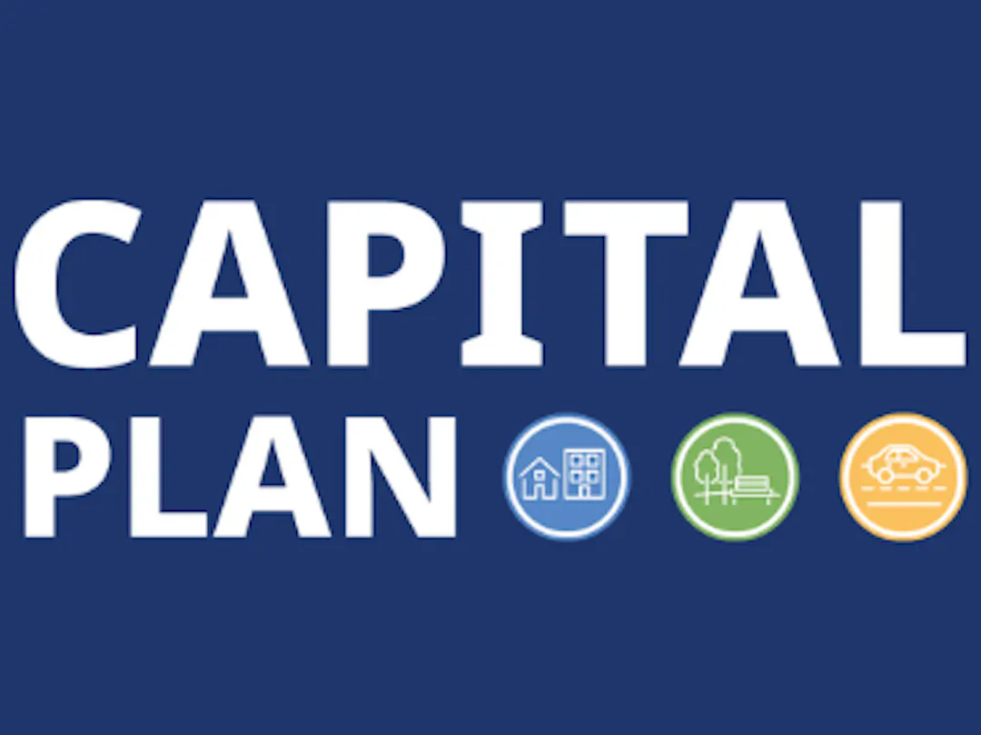 The words Capital Plan on a dark blue background with three icons for housing, parks & open spaces, transportation & streets.