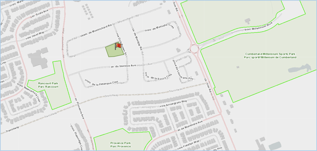 Figure 1: Location of the Provence Phase 5 Developer Built Park addressed at 561 Montrichard Road is marked in the capture from geoOttawa. 