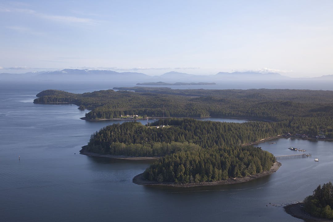 Aerial view of forested islands and calm coastal waters with docks and distant mountains under a clear sky