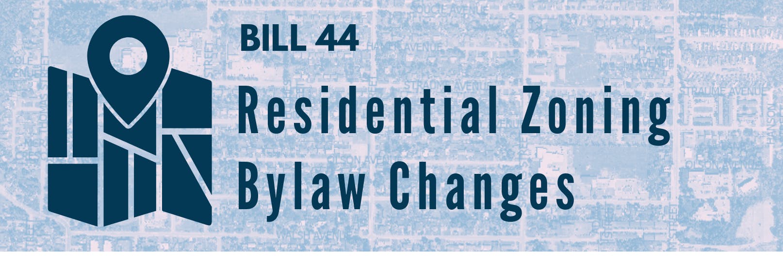 an aerial map of terrace with Bill 44 Zoning Bylaw Amendment written over top alongside a graphic of a map.