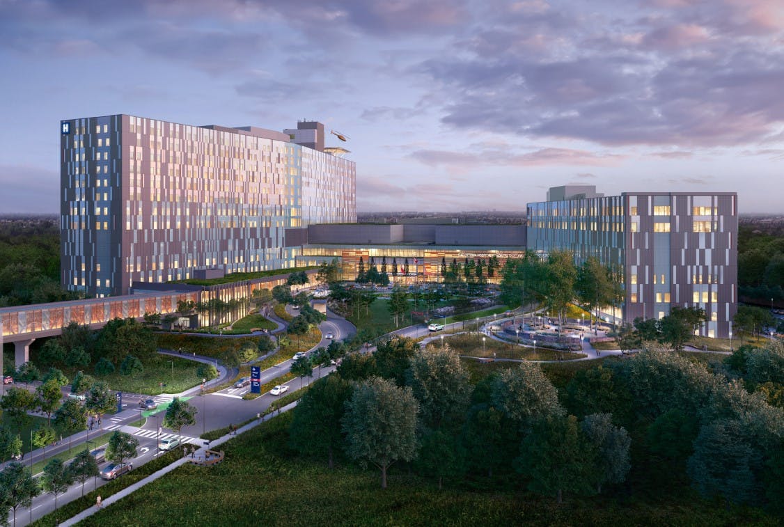 Aerial rendering of the main hospital building viewed from the Preston Street and Carling Avenue intersection.