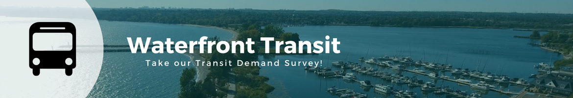 Overhead shot of the waterfront with an icon of a bus. Text reads Waterfront Transit. Take our Ridership Survey!
