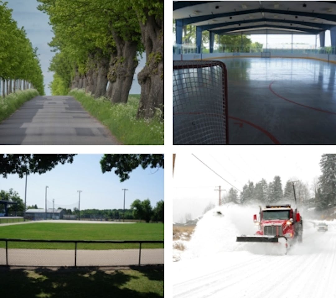 Image of tree lined road, outdoor rink during summer, baseball diamond and plow truck clearing snow