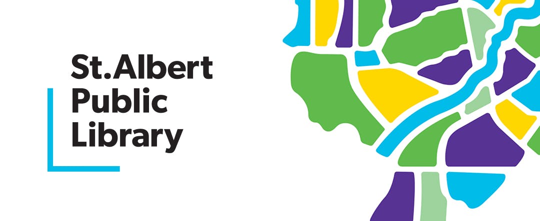 A colourful map of St. Albert, with text reading St. Albert Public Library 2023 Community Needs Survey