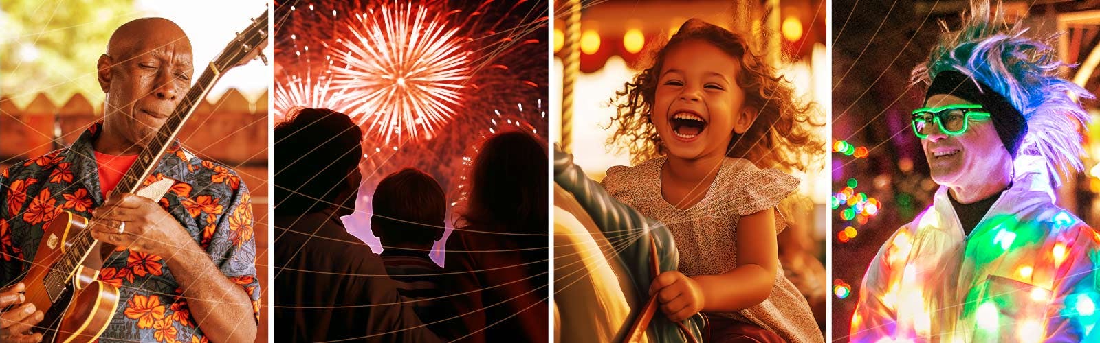 Collage image of playing the guitar, people enjoying fireworks, a child on a merry-go-round, and a person wearing glow gear.