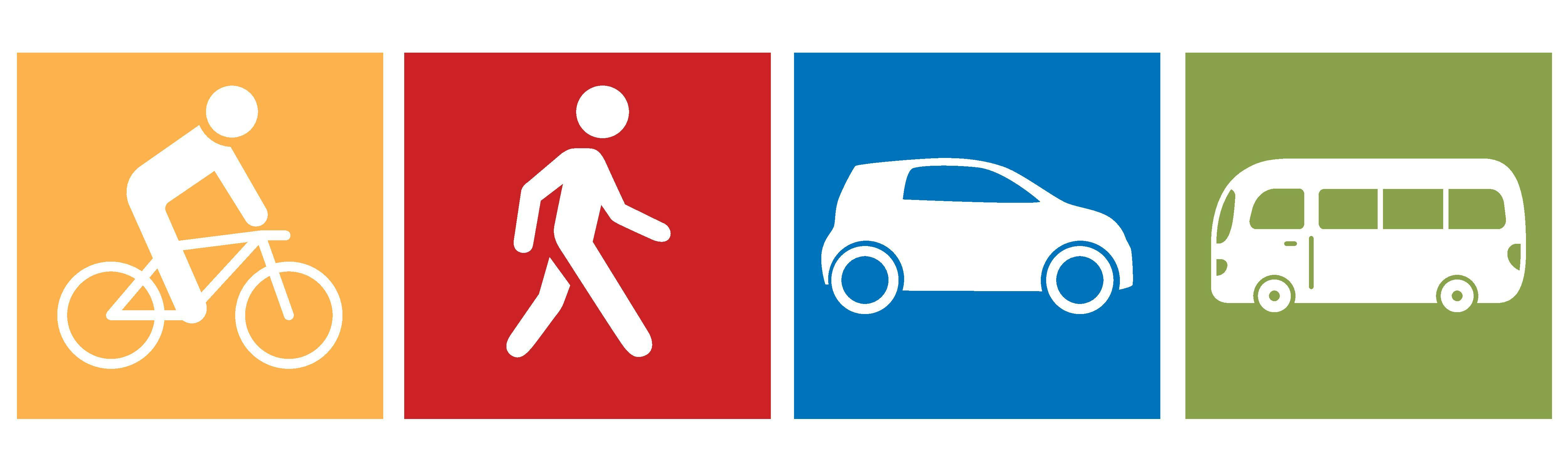 Banner with cyclist, person walking, car and bus. 