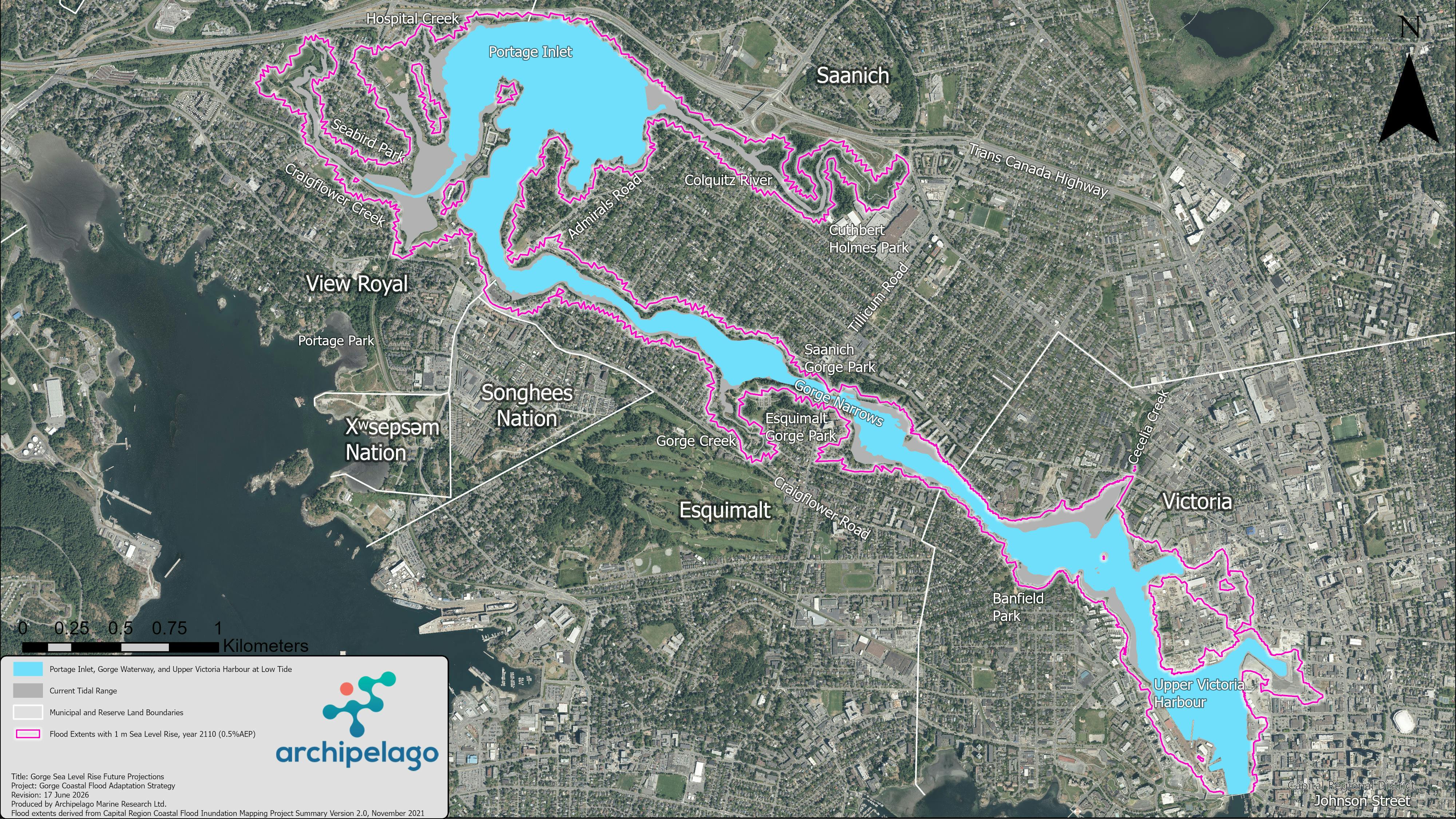 Map of the Gorge and Portage Inlet, showing how shorelines will change with the expected sea level rise of one metre by 2110