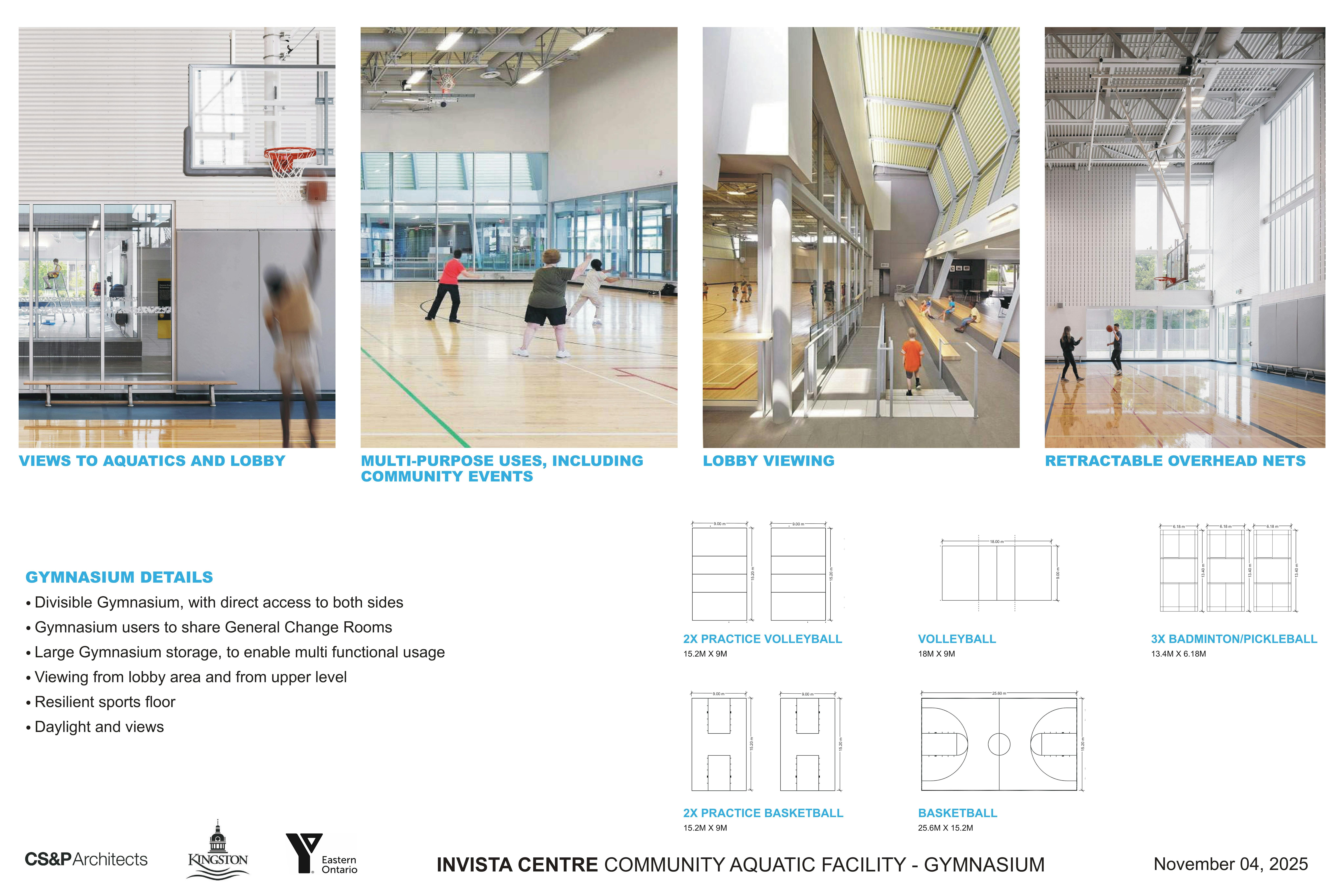 Examples of various gymnasium amenities are shown.