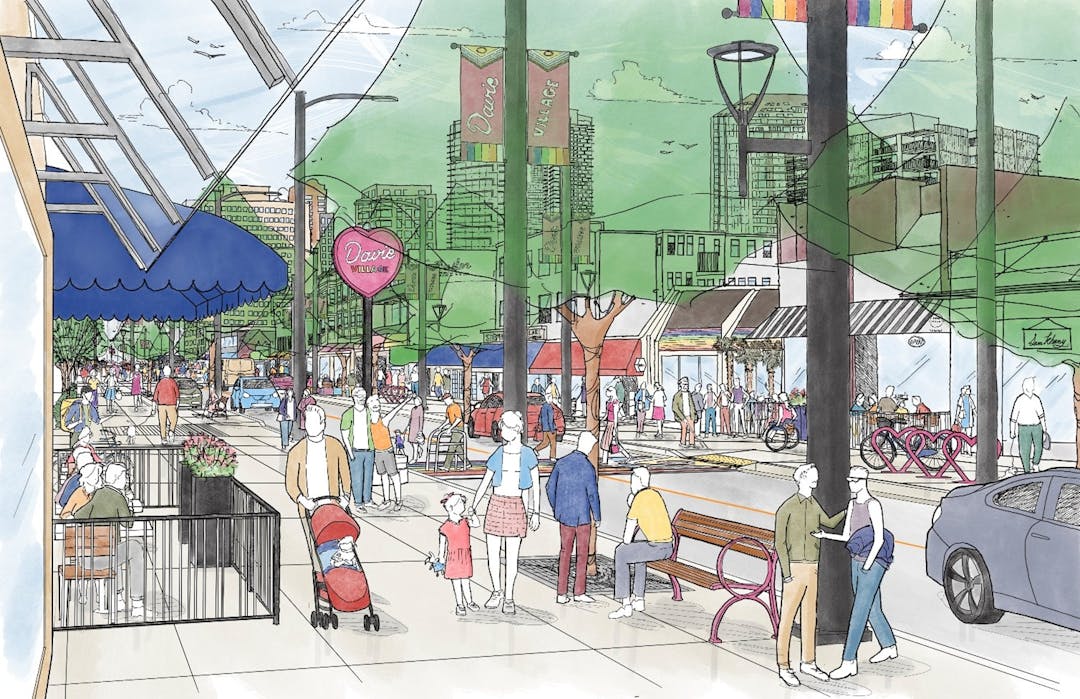 Image shows how one part of Davie Street might look after construction. It shows wider sidewalks with more space to stroll